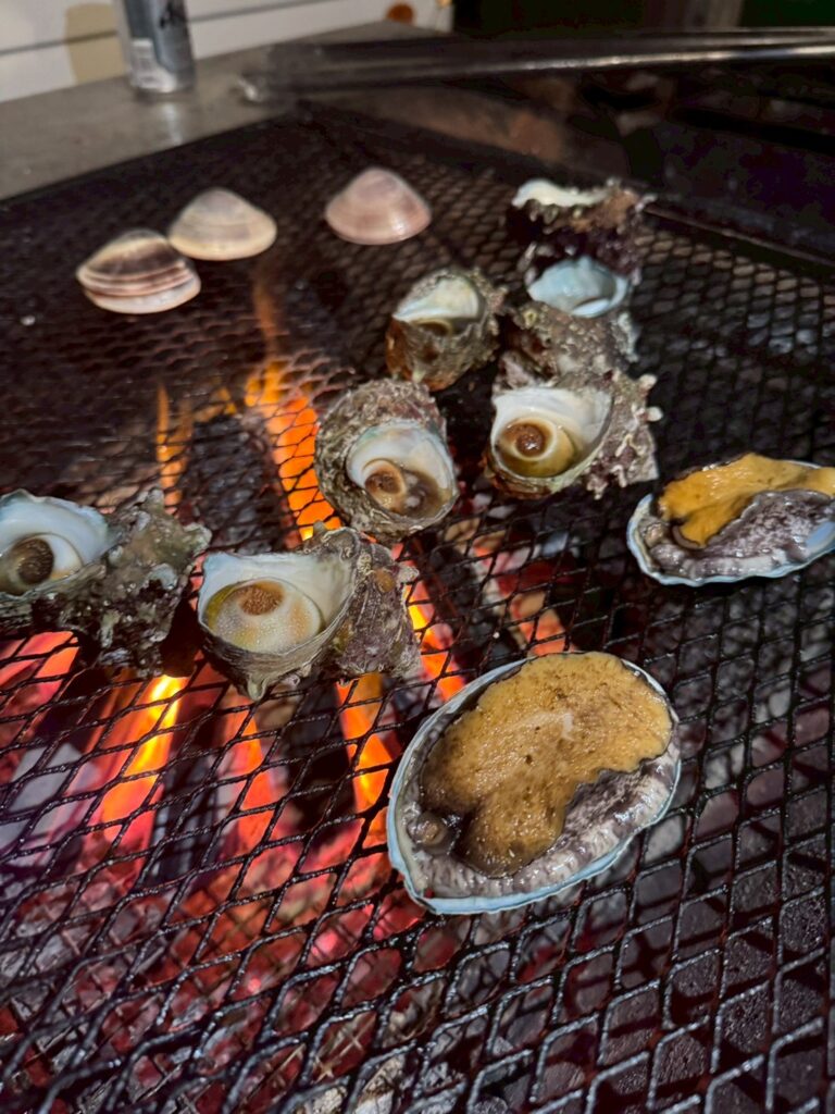 炭火の上で焼かれるサザエ、ハマグリ、鮑