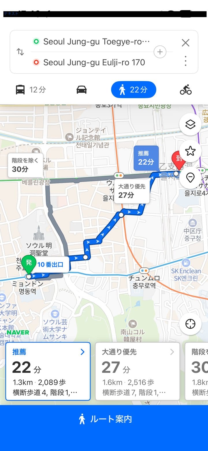 Naverマップ 徒歩ルート表示