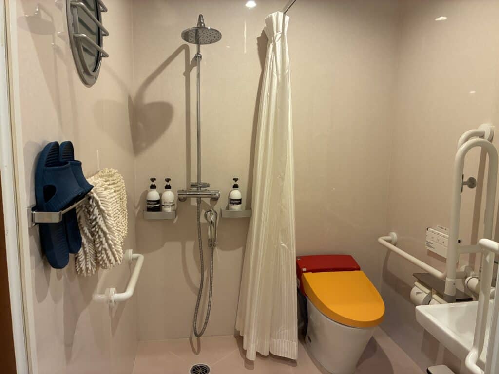 手すりが付いたバリアフリーのトイレとシャワー