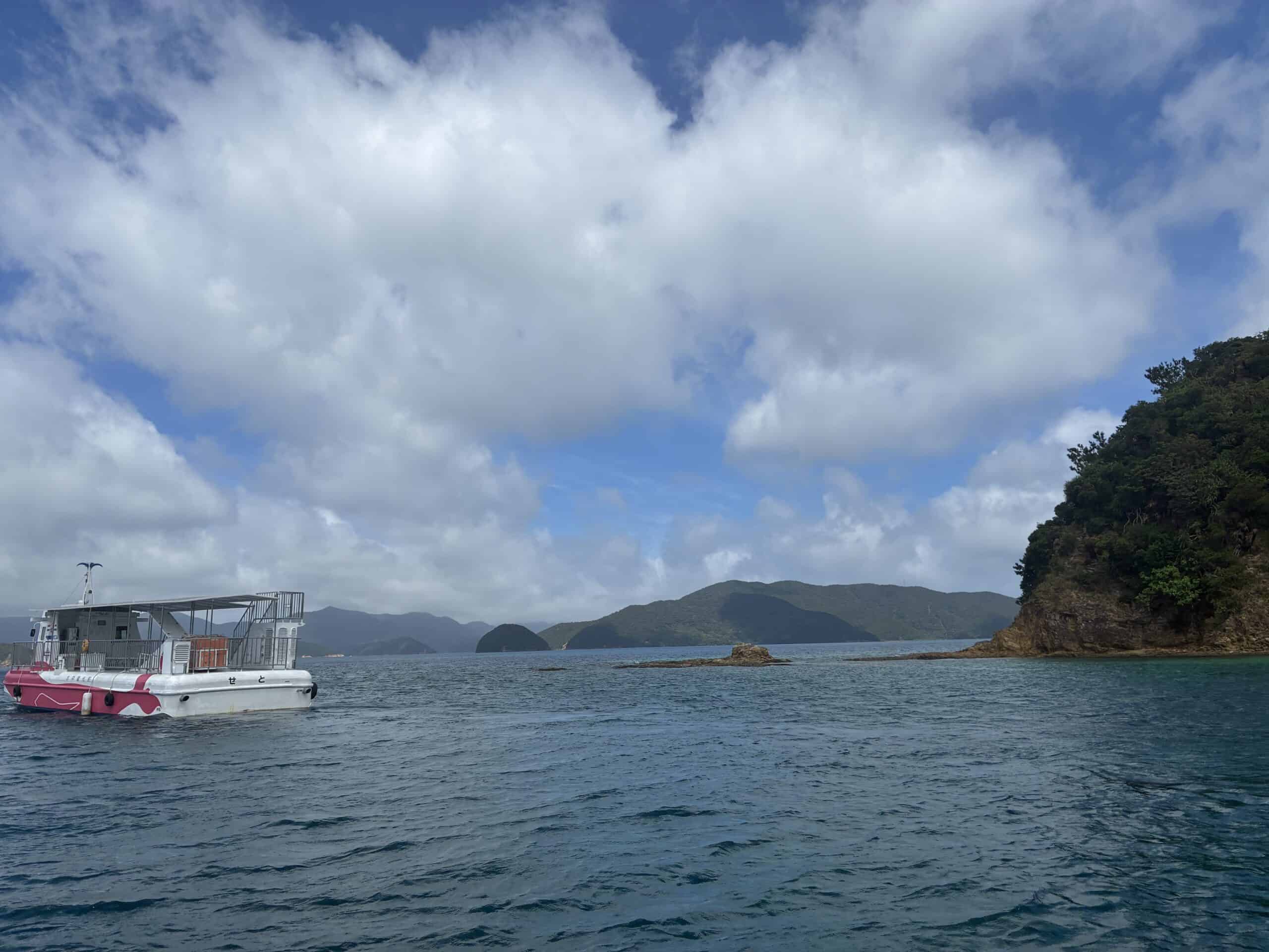 海上から見た奄美大島の入り江。青い海と緑の岬、夏雲が広がる
