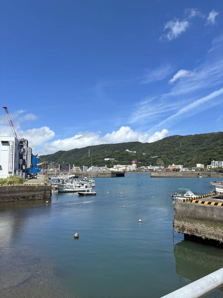 晴れた空の下、漁船が係留された古仁屋の港