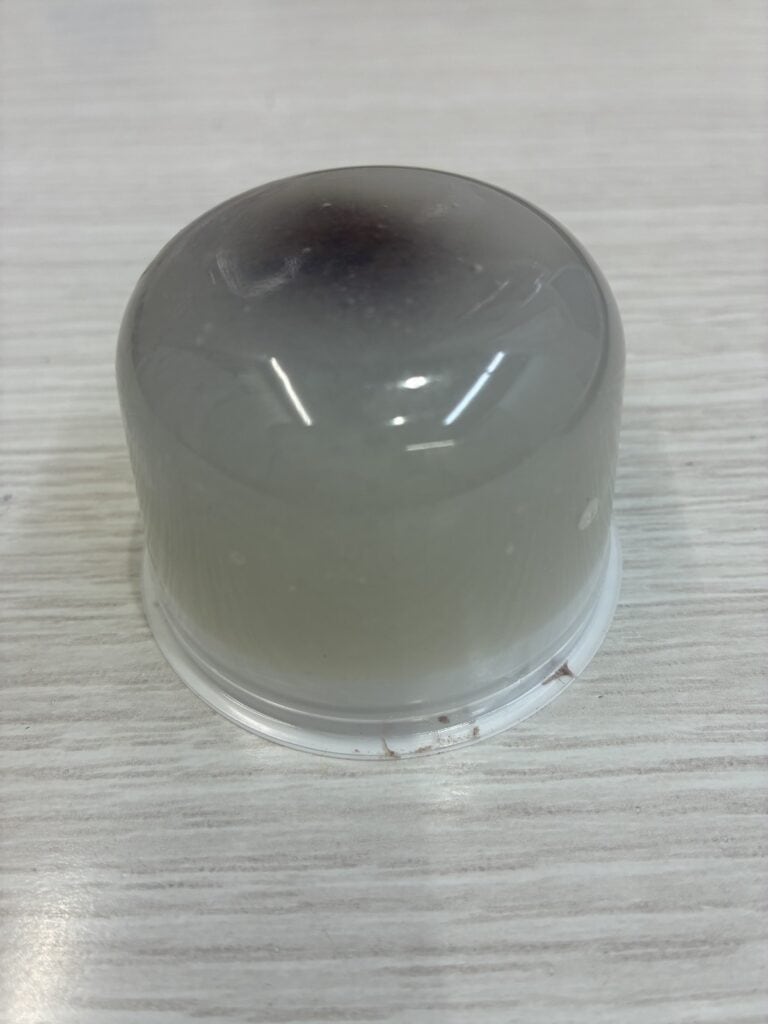 プラスチックのカップに入った伊勢屋菓子店の水まんじゅう。上のほうに紫のあんが透けている