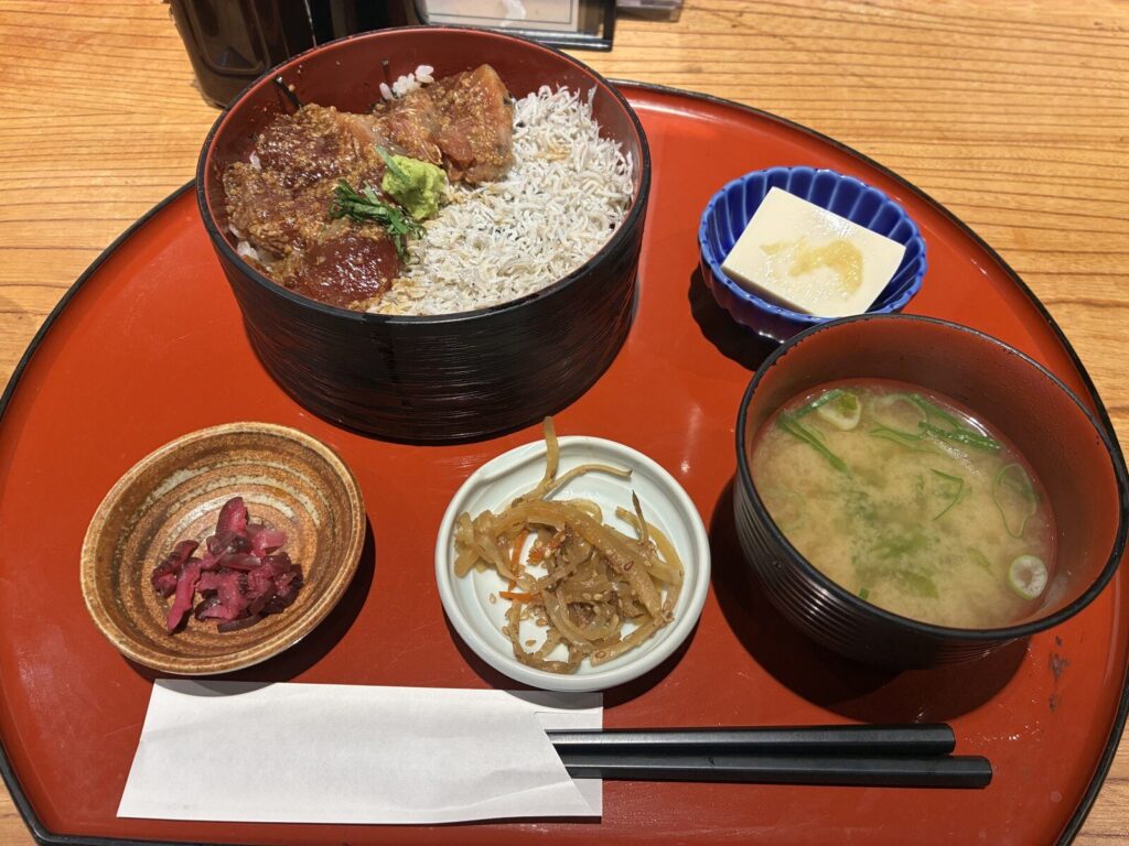 お盆にのったお刺身漬けとしらす丼の定食。小鉢と味噌汁、香の物が並んでいる