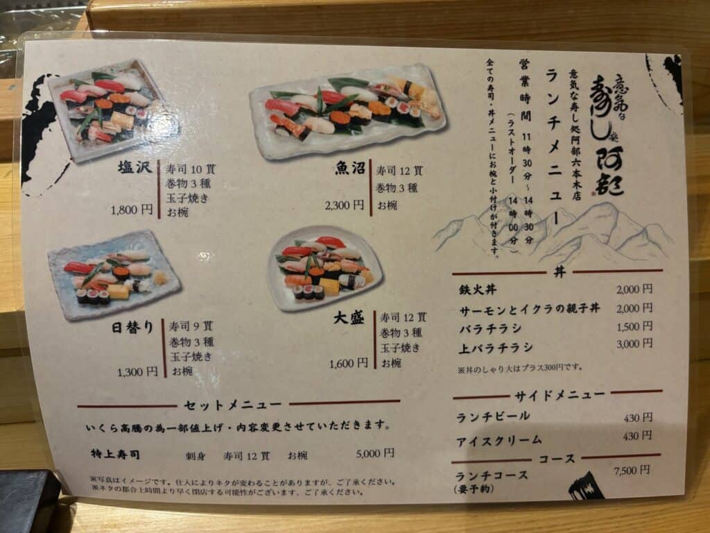 塩沢、魚沼、日替り、大盛が並んだランチメニュー