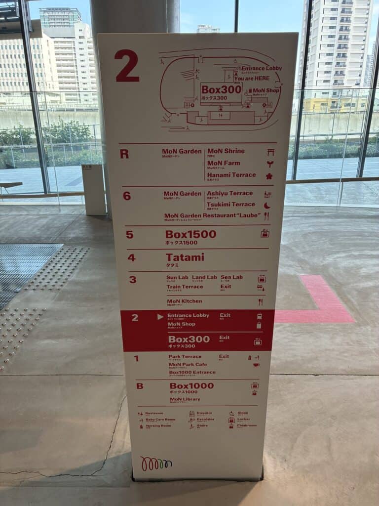 MoN Takanawaのフロア案内板。Box1000やTatamiなどの名前が並んでいる